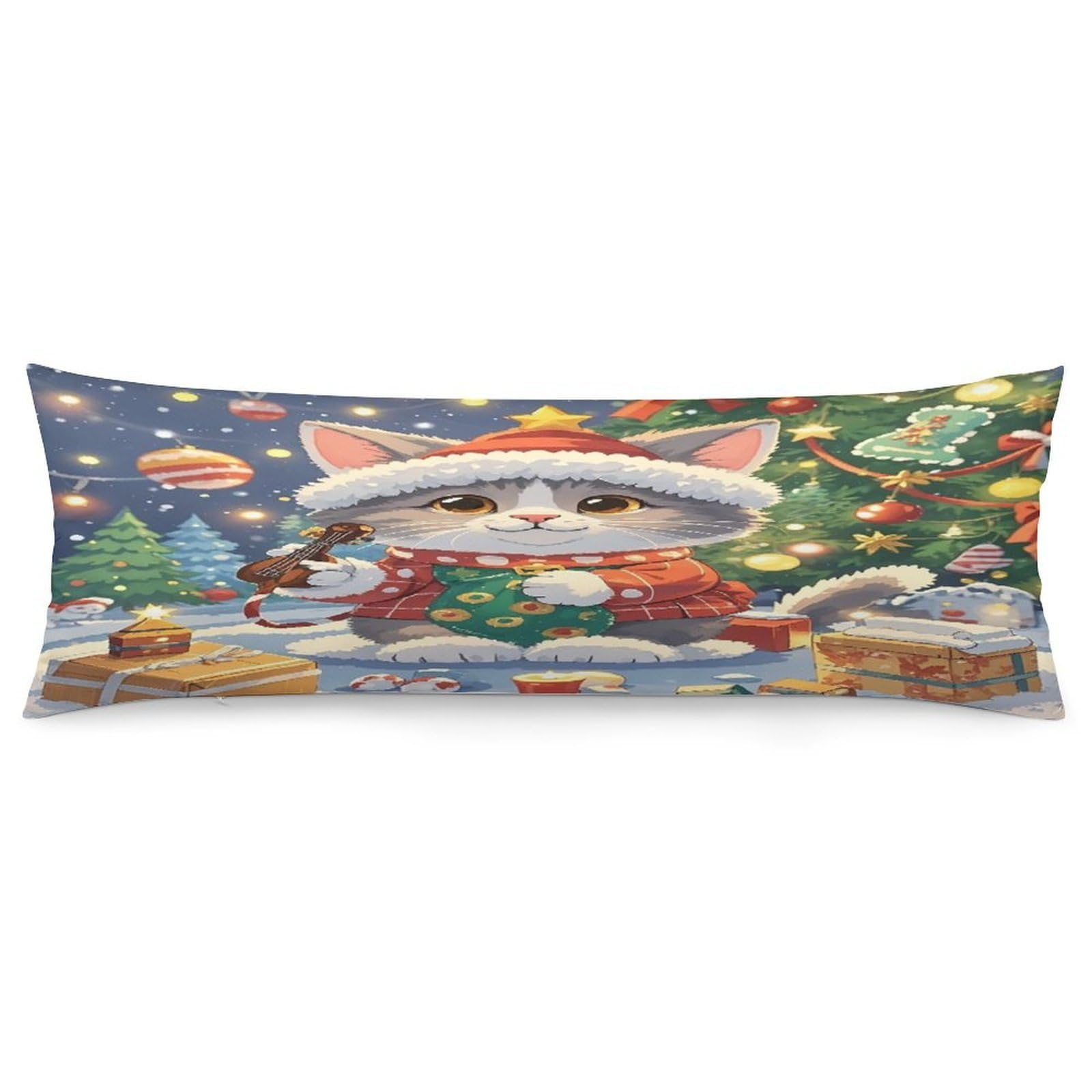 Cute Cat Sing Christmas Carols Pillowcase Decorative Long Body Pillow Case Soft Breathable Body Pillow Cover Modern Large Pillowcase Cute Body Pillow Pillowcases for Bedroom Couch 18.9 X 53 Inch