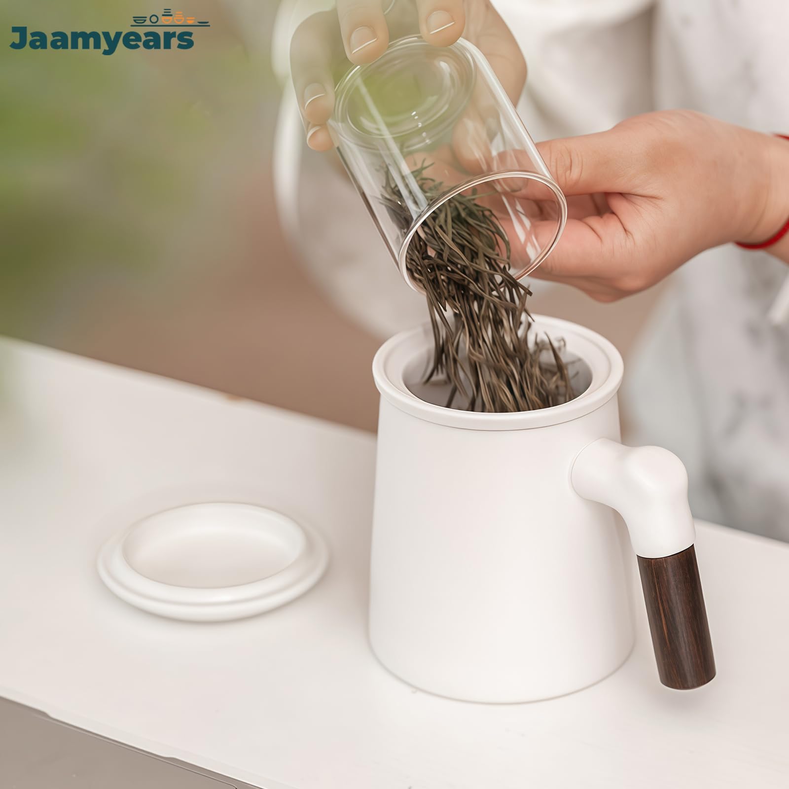 Taza de té con infusor y tapa, taza de café de cerámica con mango de madera, capacidad de 400 ml para té de hojas sueltas