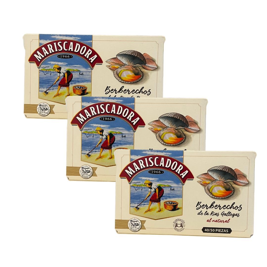 Mariscadora Berberechos al Natural de las Rías Gallegas 40/50 Piezas | Pack de 3 Latas | Conserva Gourmet de Galicia