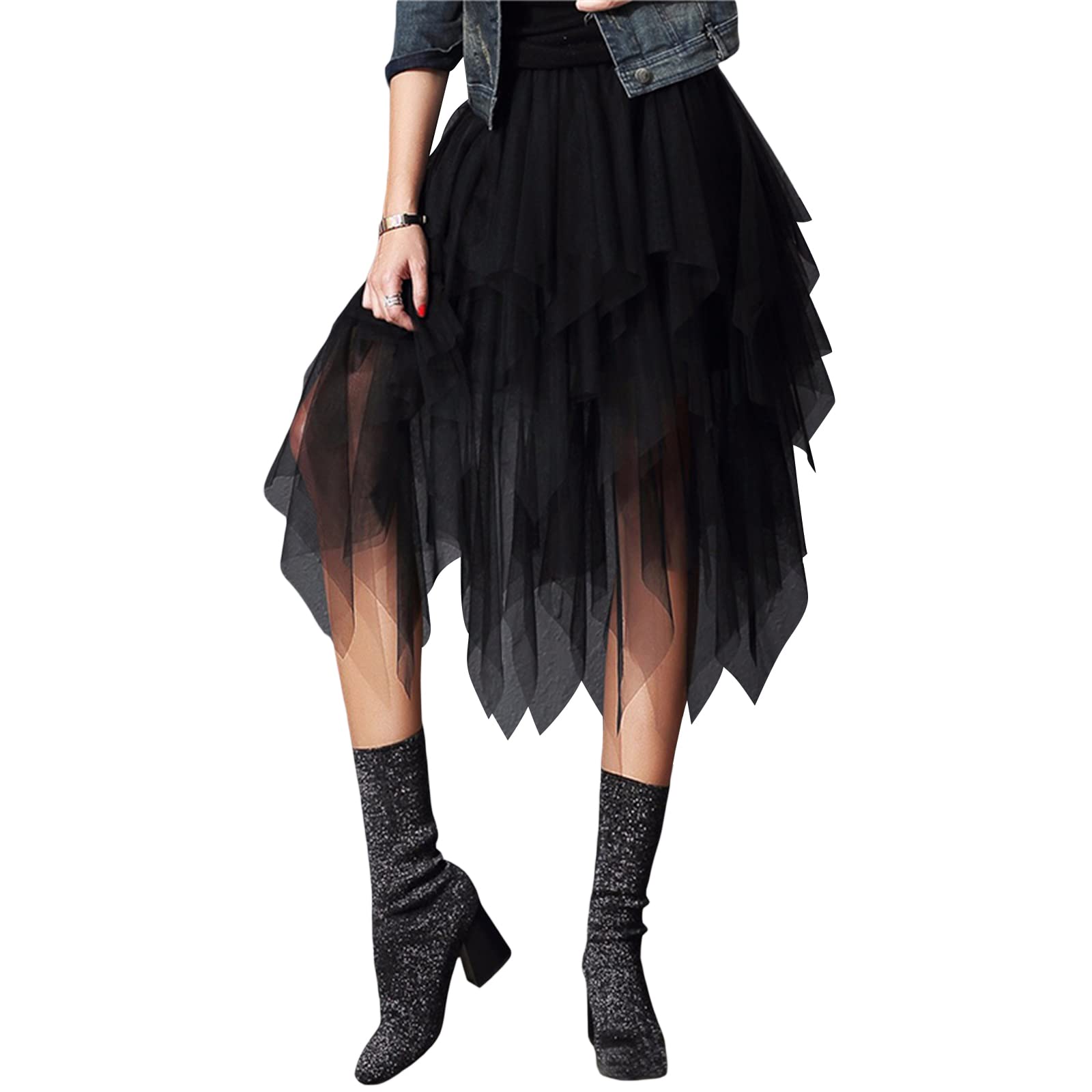 Jupes asymétriques en tulle pour femme - Taille haute élastique - Jupe tutu plissée - Jupe midi décontractée en maille, Noir irrégulier, taille unique