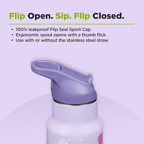 Klean Kanteen 12 oz Classic Kid's Insulated Water Bottle with Flip Seal Sport Cap - 100% Leakproof Cap - BPA-Free - Stainless Steel Material - Ice Cream