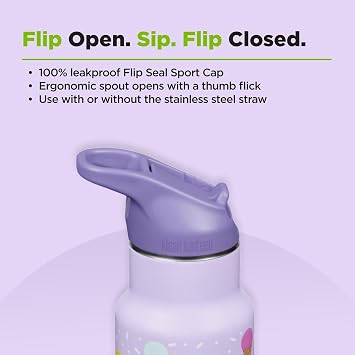 Klean Kanteen 12 oz Classic Kid's Insulated Water Bottle with Flip Seal Sport Cap - 100% Leakproof Cap - BPA-Free - Stainless Steel Material - Ice Cream