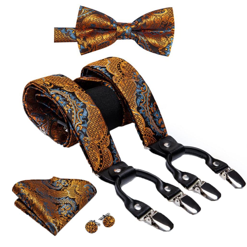 keusyoi Herren-Hosenträger-Set aus Seide, goldfarben, Jacquard, 6 Clips, Hosenträger für Herren, Fliege, Einstecktuch, Manschettenknöpfe, schwarzes Leder
