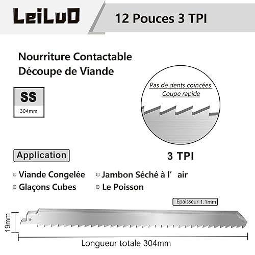 Miniatura 4 de LEILUO Hojas de sierra recíproca de corte de hueso de carne congelada de 12 pulgadas, 5 piezas de acero inoxidable con estuche de almacenamiento