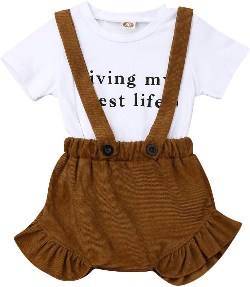 Exquise fille Baby Girls Round Neck Short Sleeves Letters Print Top Shirt and Bloomer Short Suspender Overalls