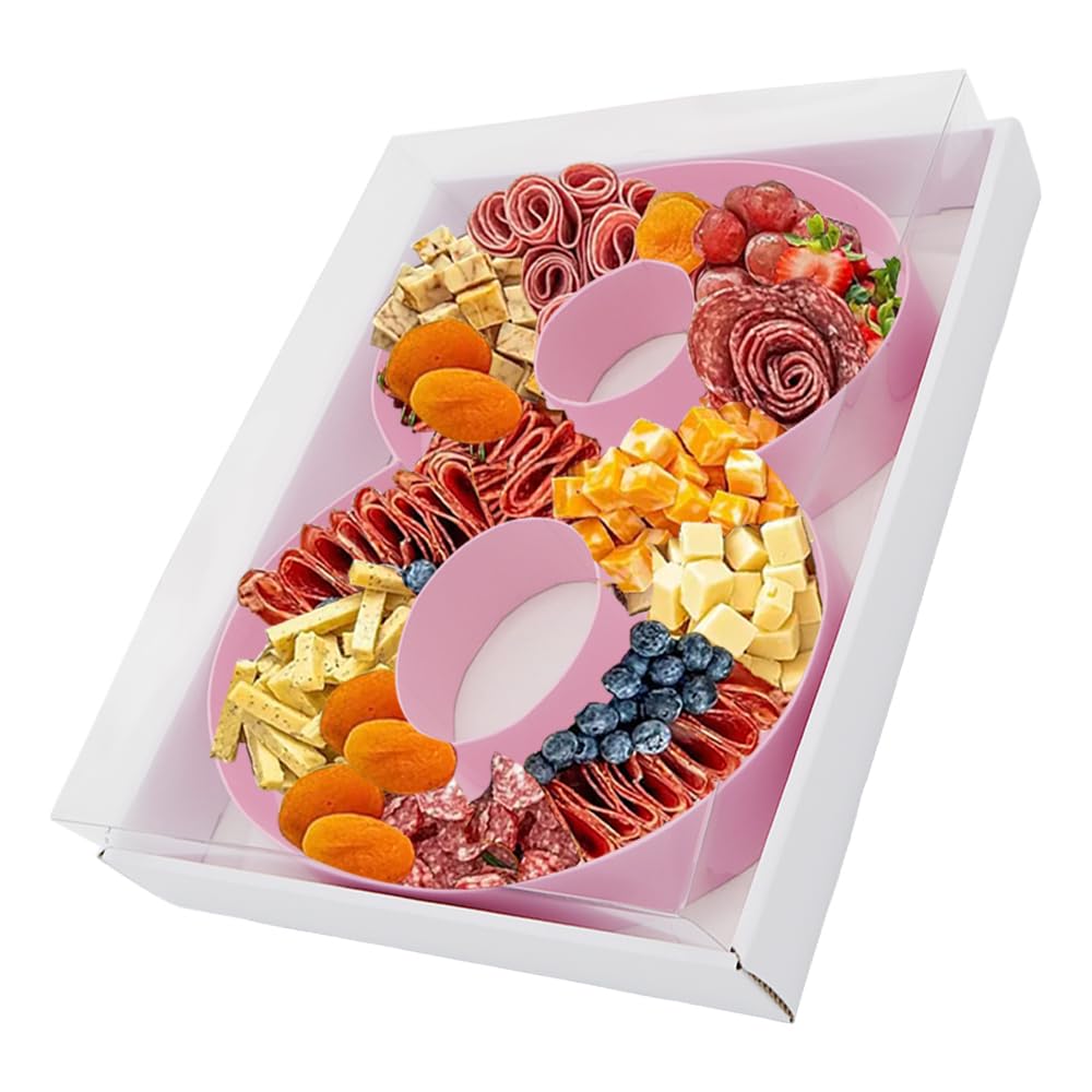 12.5inch Fillable Paper Mache Number Letter Cardboard Cutouts Charcuterie Board Food Sweet Cupcake Tray Party Decorative Box (Number 8, Pink)