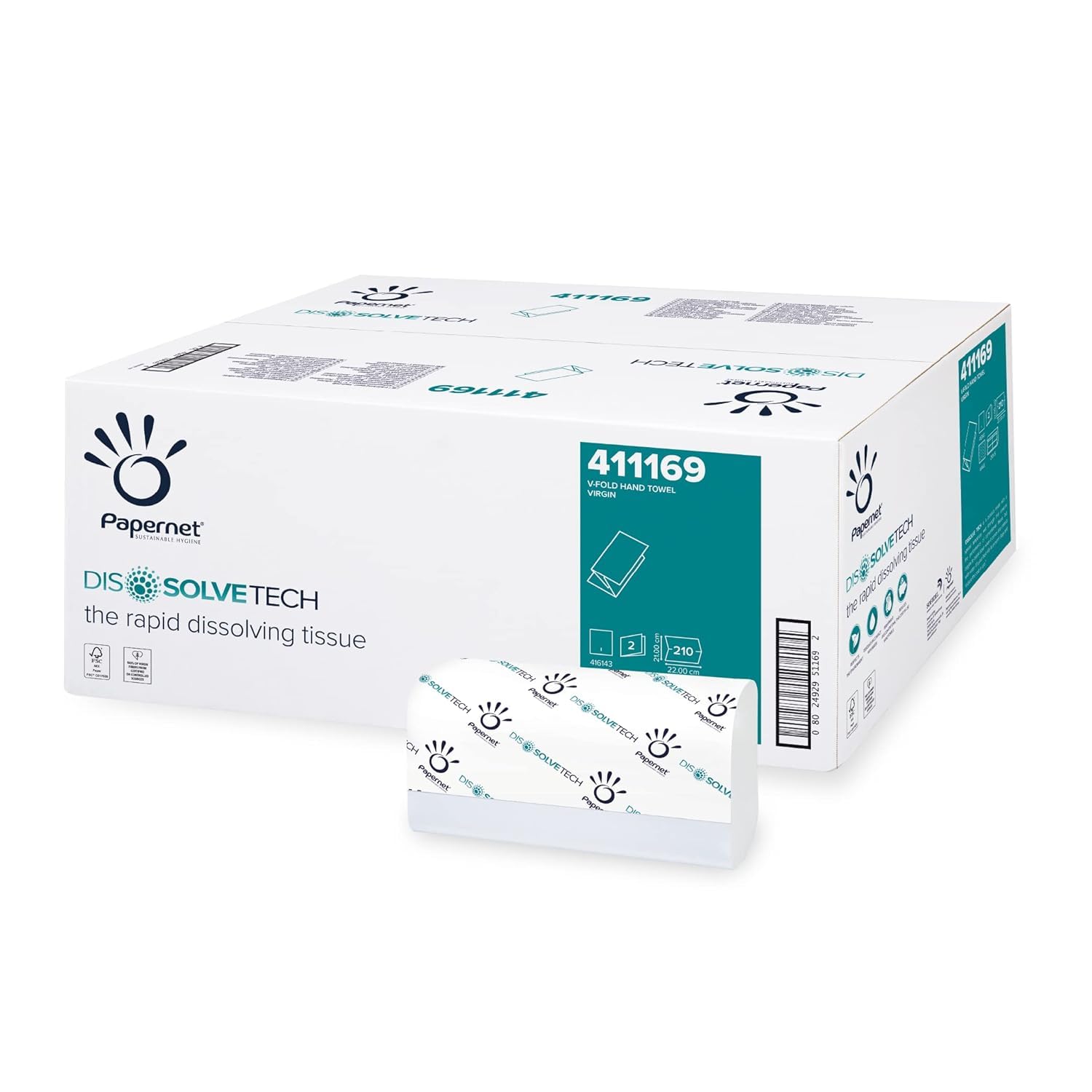 Papernet Dissolve Tech - V-Folded Paper Hand Towels (411169), 15 Packs of 210 Towels Made of Pure Cellulose, Biodegradable and Highly Resistant Paper, 2 Ply, Folded Size 22 x 10.5cm
