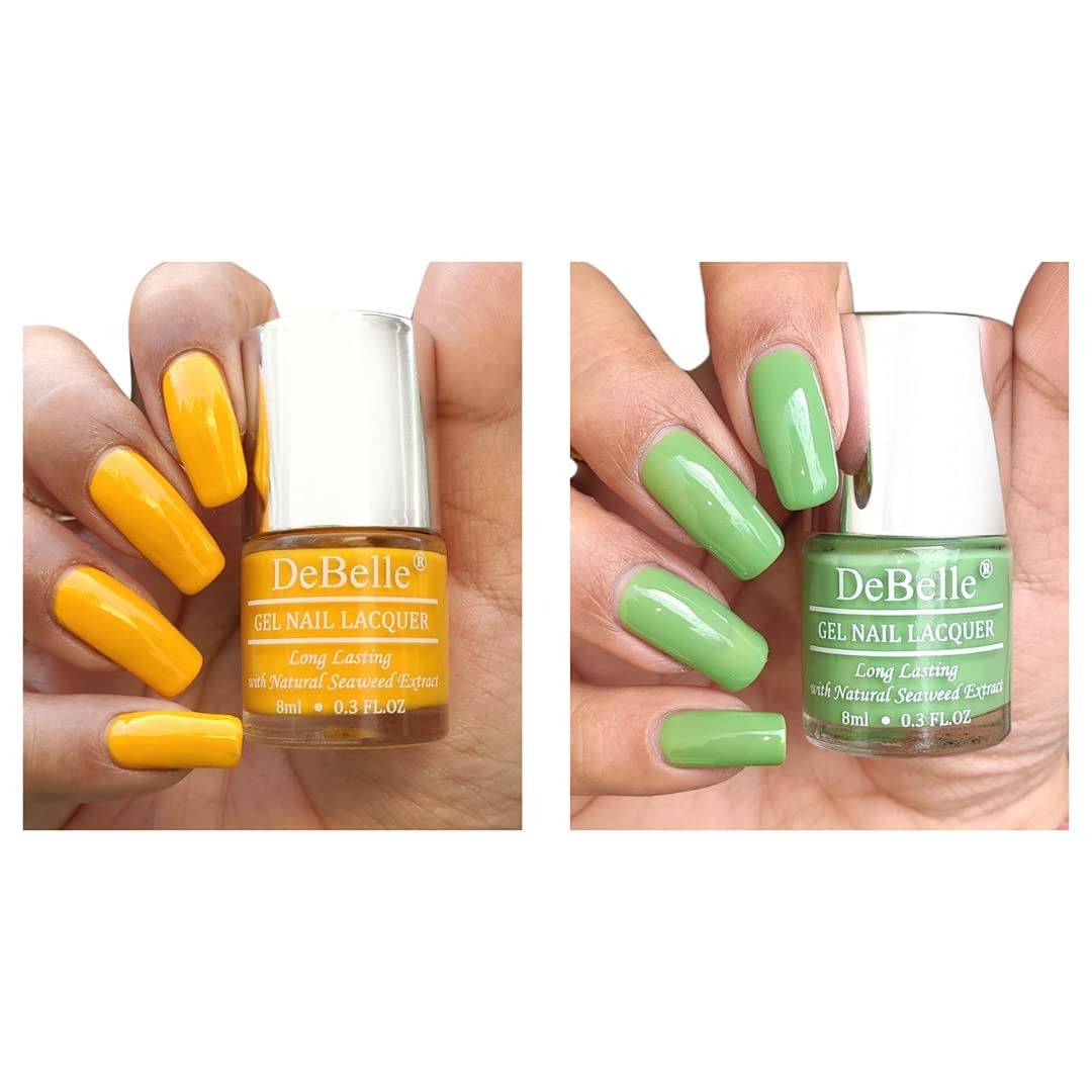 DeBelle Nail Polish Combo set of 2, Yellow(Caramelo Yellow) and Pastel Green(Mystique Green), 16 ml(8 ml each) 8ml Each-image-9