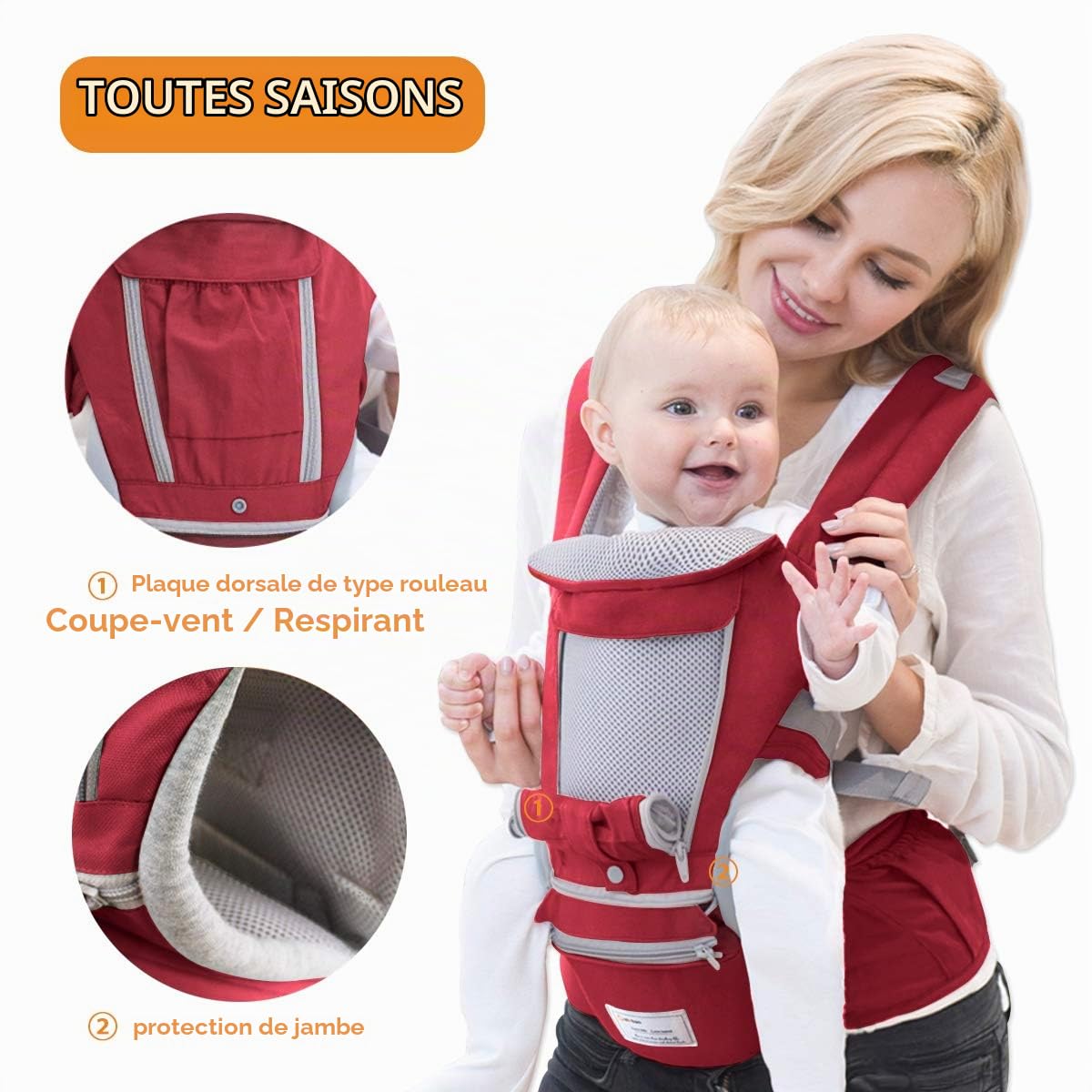 SONARIN 3 en 1 Multifonction porte-bébé Hipseat,Baby Carrier, Avant et arrière, 100% coton,Ergonomique,Taille Libre,Facile pour maman,100% GARANTIE et LIVRAISON GRATUITE, Idéal Cadeau(Rouge)