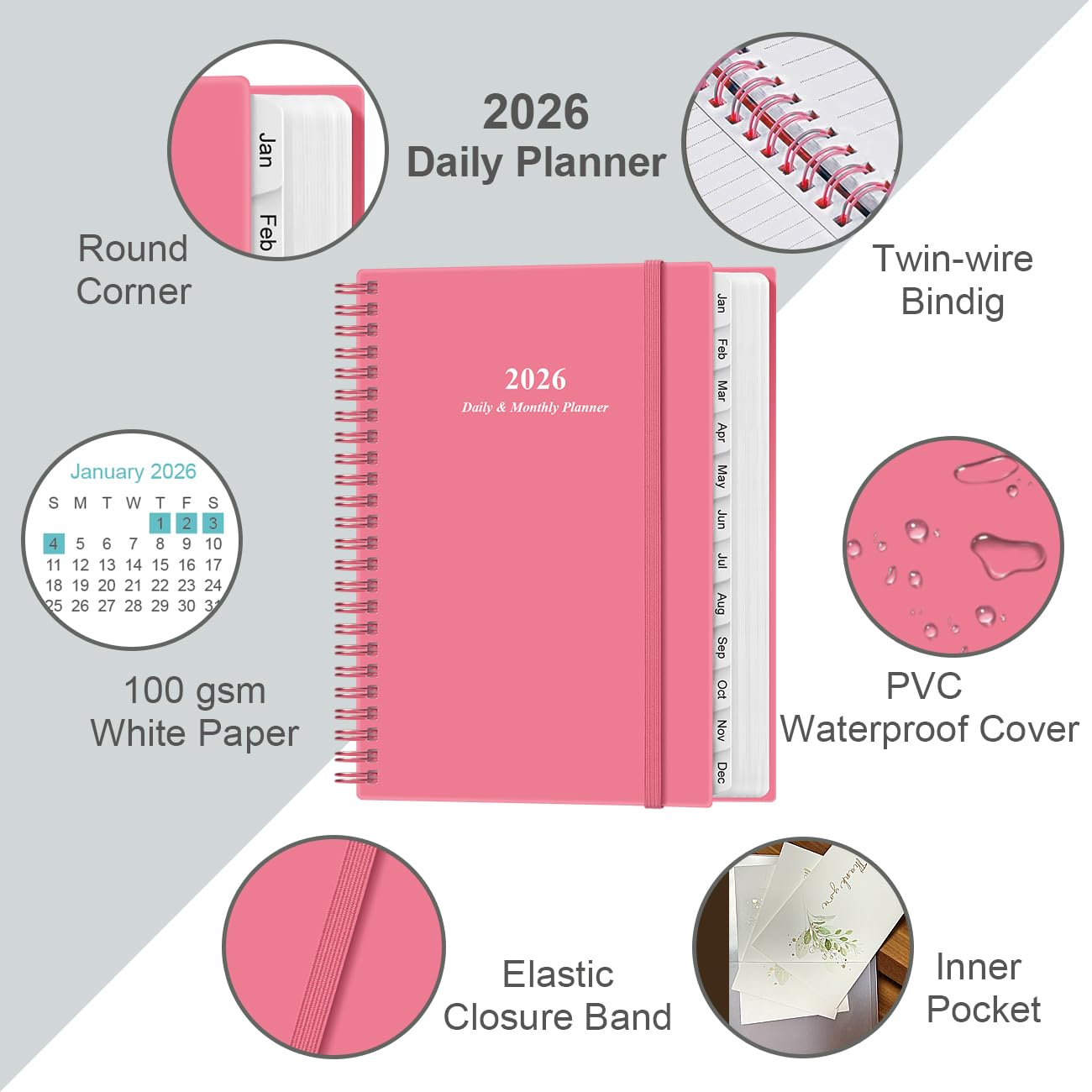 Agenda diaria y mensual 2025, una página por día, enero de 2025 a diciembre de 2025, agenda 2025 con tapa flexible, 12 pestañas, bolsillo interior, 6.4 x 8.5 pulgadas, rosa
