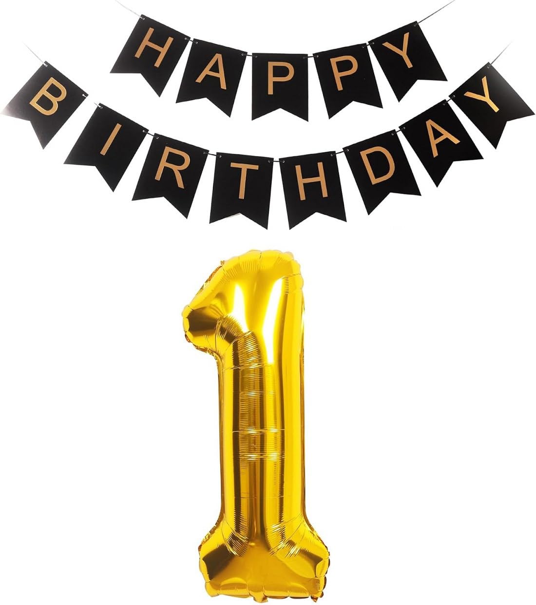 32 inch Giant Gold 1 Number Balloons & Black Happy Birthday Banner, 1st Birthday Decorations with Bunting Banner & 1 Number Foil Balloons Large for Girl Boy Birthday Party (HBD 1)