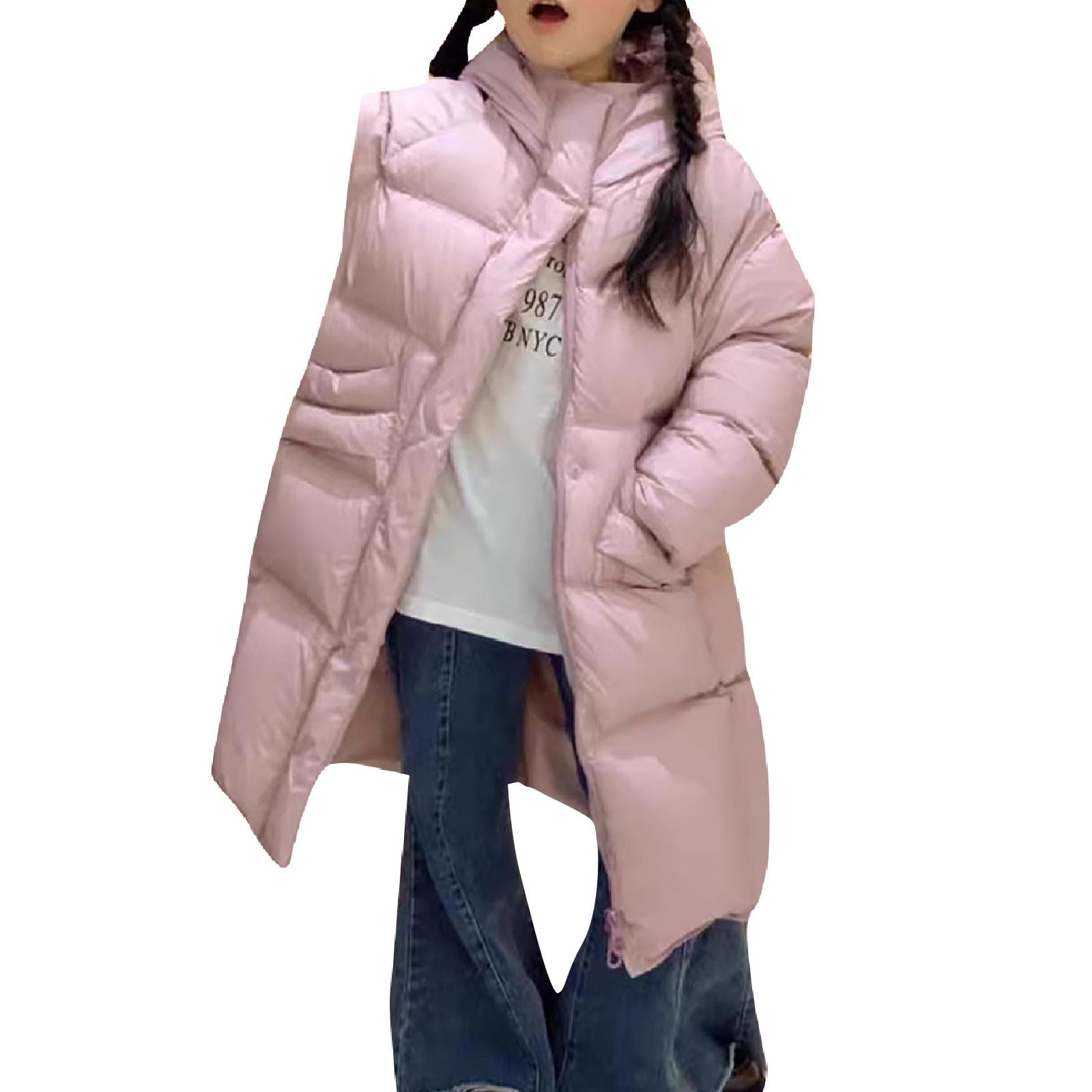 Generisch Piumino per bambini con cappuccio, oversize, spessore medio, tinta unita, stile coreano, giacca trapuntata, per ragazzi, 5-16 anni