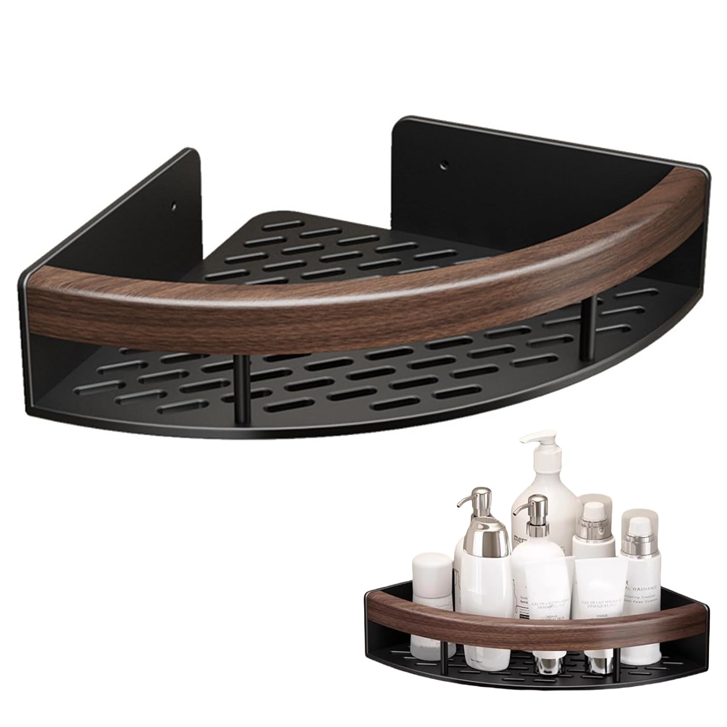 Miaokatze 1-Pack Corner Shower Caddy Walnut wood Wall Mounted Corner Shower Shelf Shower Rack for Bathroom