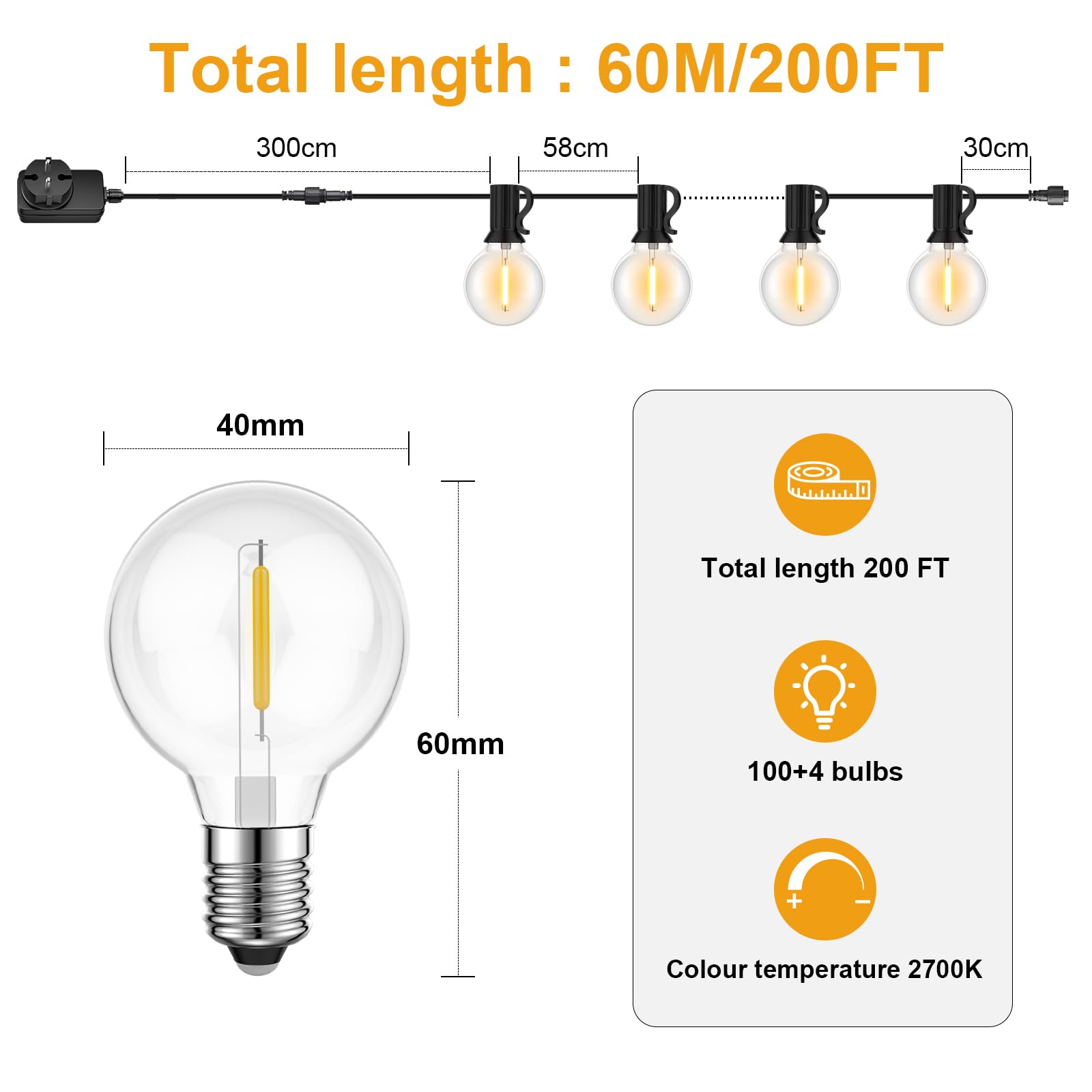 Miootly Catena Luminosa Esterno, 61M/200FT Luci da Esterno Giardino con 100+4 G40 Lampadine, IP45 Impermeabile Catena Luci Esterno e Interno per Giardino Natale Terrazzo, Matrimonio - Bianco Caldo