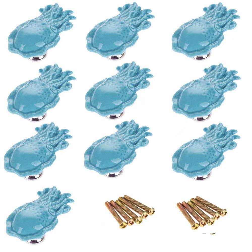 10 pomelli/maniglie/maniglie in ceramica a forma di polpo rosa per mobili da cucina, armadi, armadi, cassetti, comò, porte di mobili da bagno, ecc. Decorazioni in stile mediterraneo (blu)