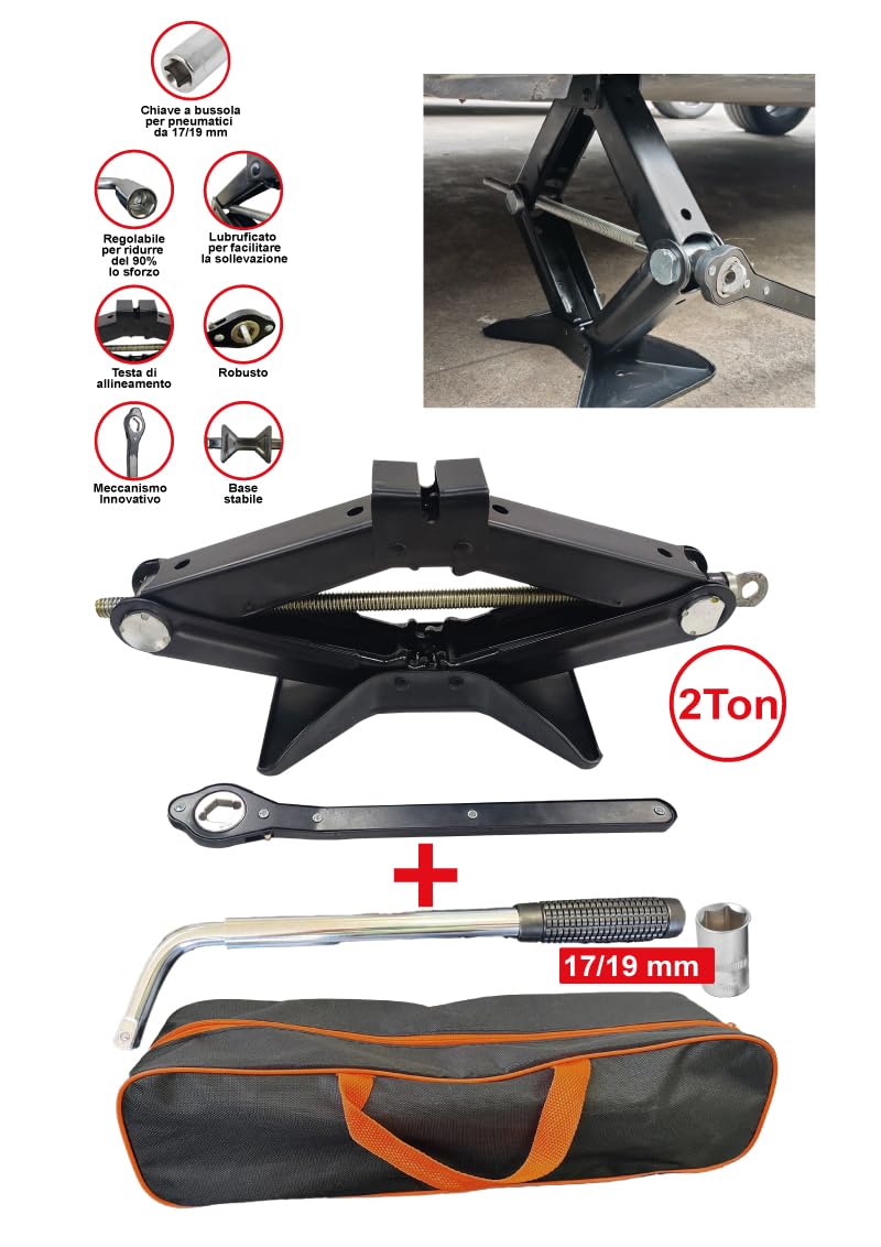 SOLLEVATORE CRIC PANTOGRAFO 2 TONNELLATE+CRICCHETTO+CHIAVE A BUSSOLA ALLUNGABILE(17MM-19MM)+BORSA KIT EMERGENZA STRADALE AUTO COMPATIBILE CON OMODA 5-7-9