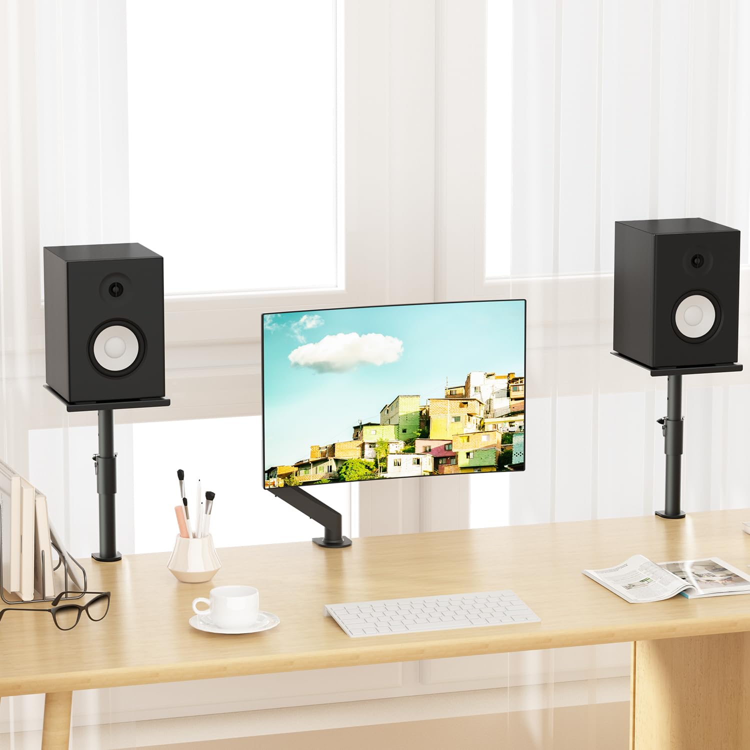 suptek Soportes para Altavoces de Escritorio con Abrazadera: Pareja de Estantes de Altavoz de Estudio, Altura Ajustable, para Portátil y Proyector, SDM001GB