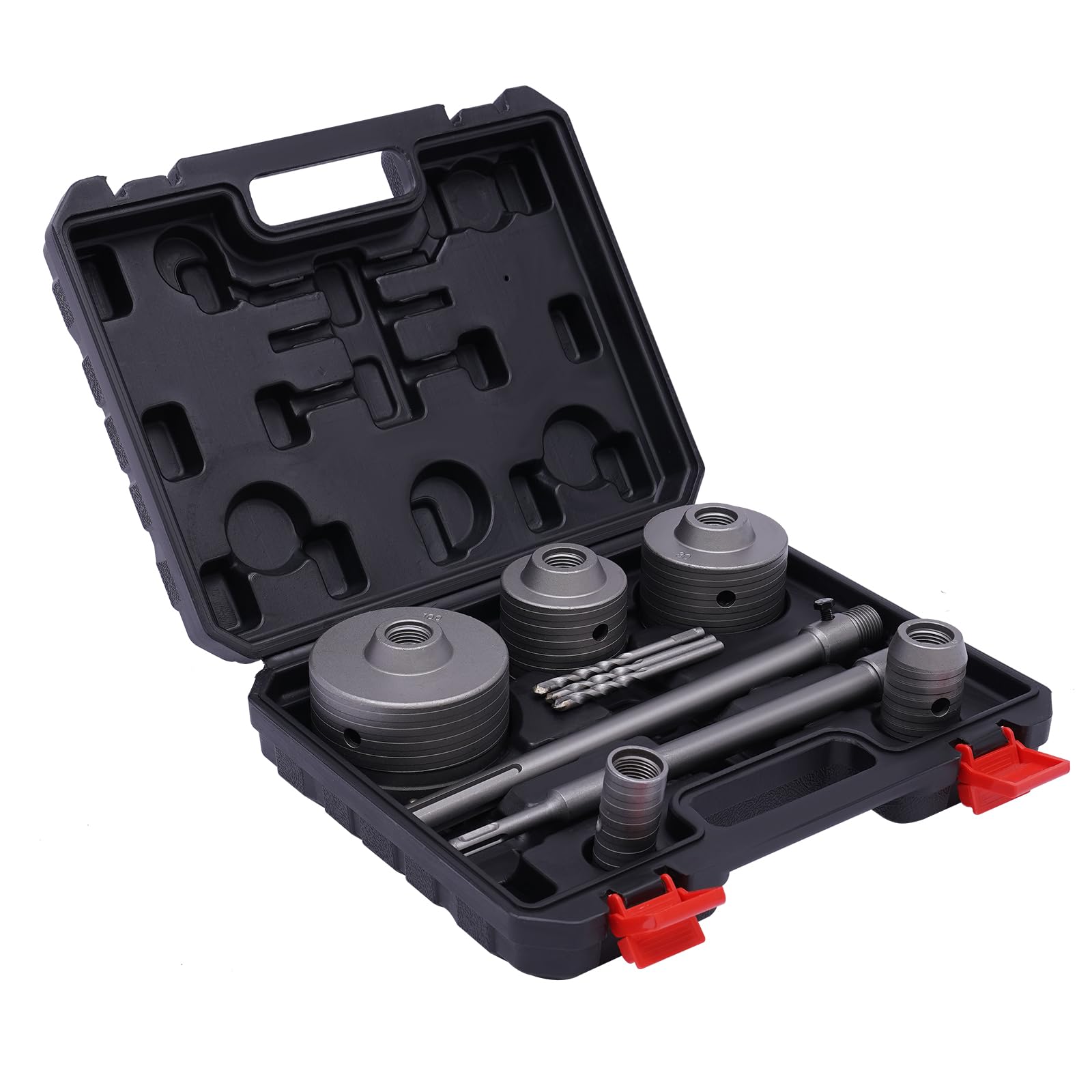 Set di seghe a tazza per calcestruzzo, Ø 30/40/68/80/100 mm, con attacco SDS Plus da 300 mm, codolo SDS-Max da 300 mm e 2 punte di centraggio per pareti in mattoni, pareti in schiuma e pareti in
