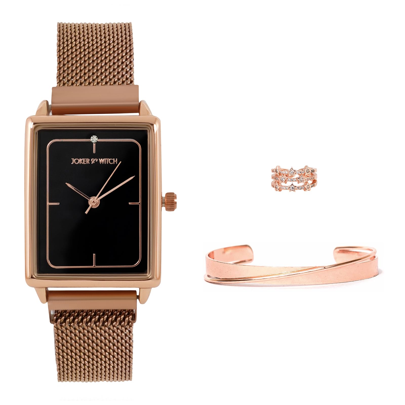 joker & witch Women Analogue Black Dial & Stainless Steel Rose Gold Band Watch, Zayla Love Triangle, Bracelet & Ring-picture-2