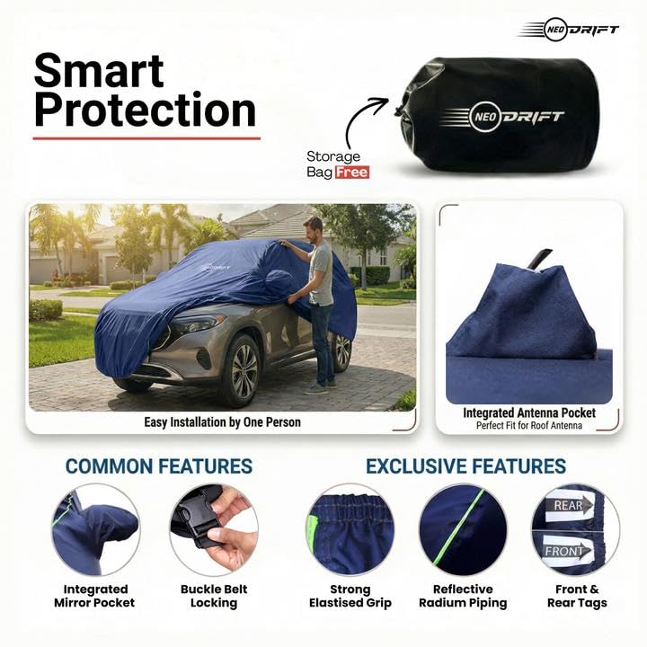 Image of NEODRIFT 'NeoTech' Car Cover for Tata Tiago (Back Long Antenna) (All Weather Protection, 100% Water-Resistant, Tailored Fit, Multi-Layered & Breathable Fabric) (Colour: Blue)