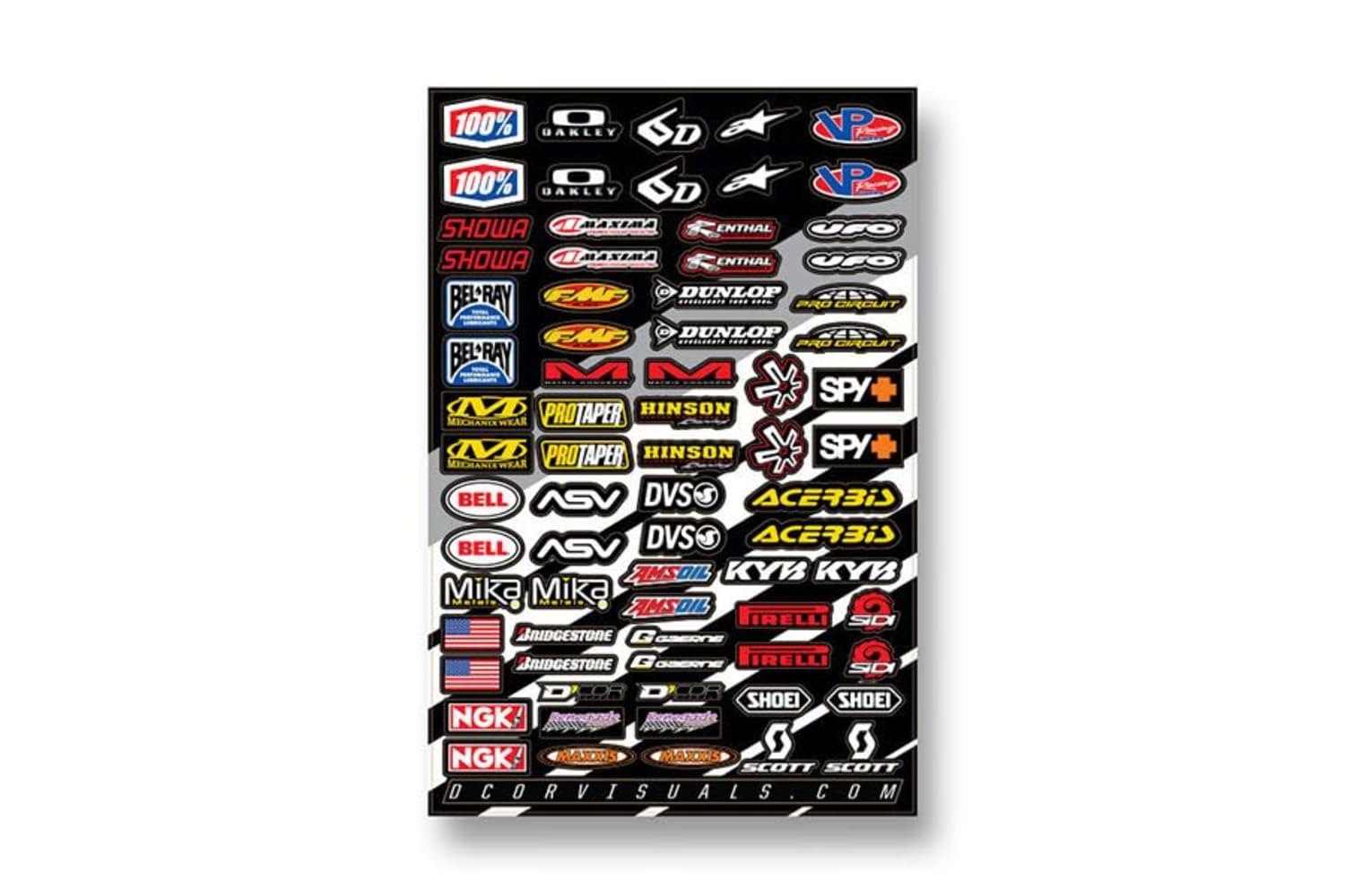 D'cor Visuals Dirt Bike Decal Sheet – 4 Mil Thick Vinyl – Motocross Stickers Compatible with Dunlop, FMF, Shoei, Oakley, Alpinestars, Renthal, ProTaper, Maxxis – 19”x12”