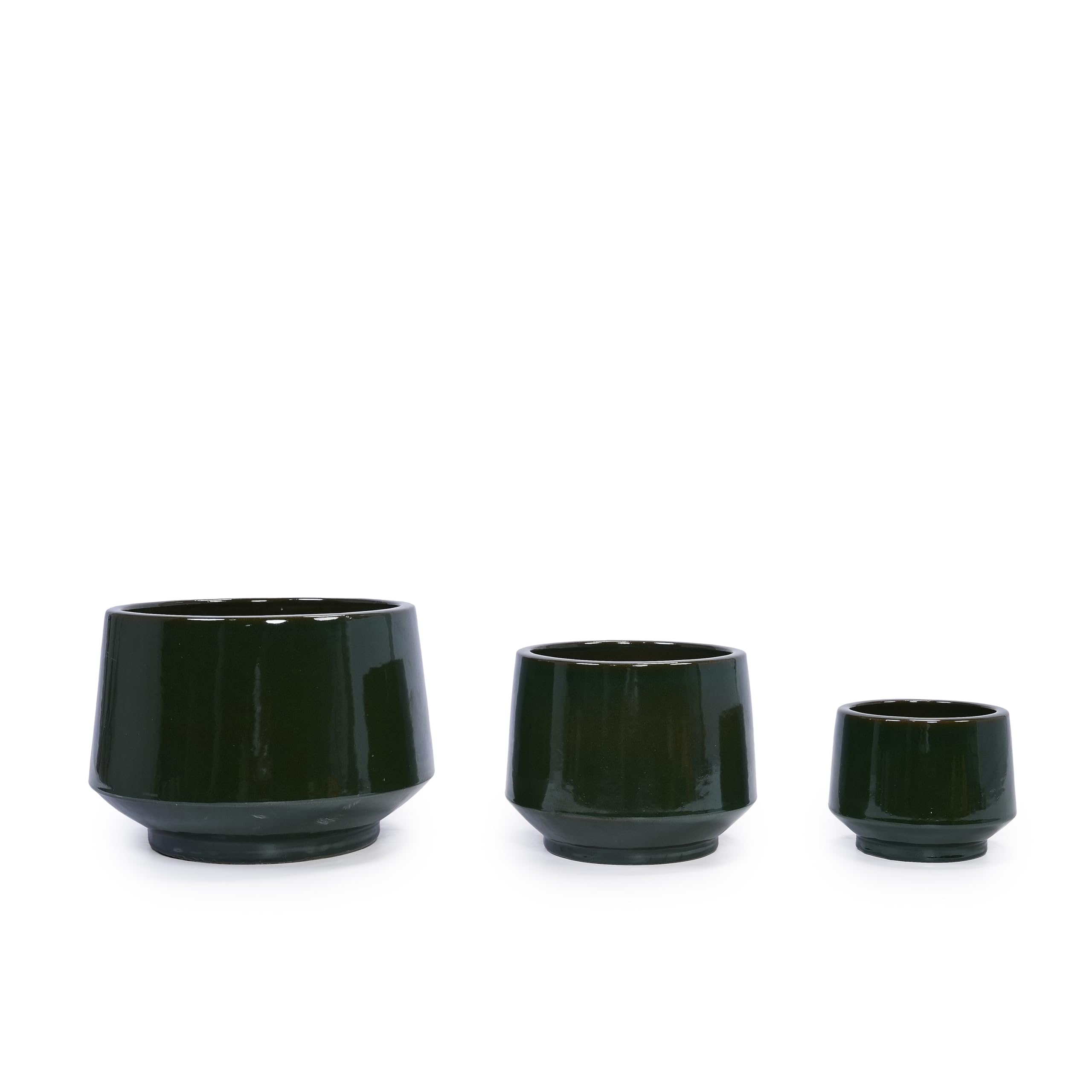 Keramik-Blumentopf, Ø 18,1 cm / 26,2 cm / 34,4 cm, dunkelgrün | 3er-Set, Ablaufloch, Einfarbige glatte Glasuroberfläche