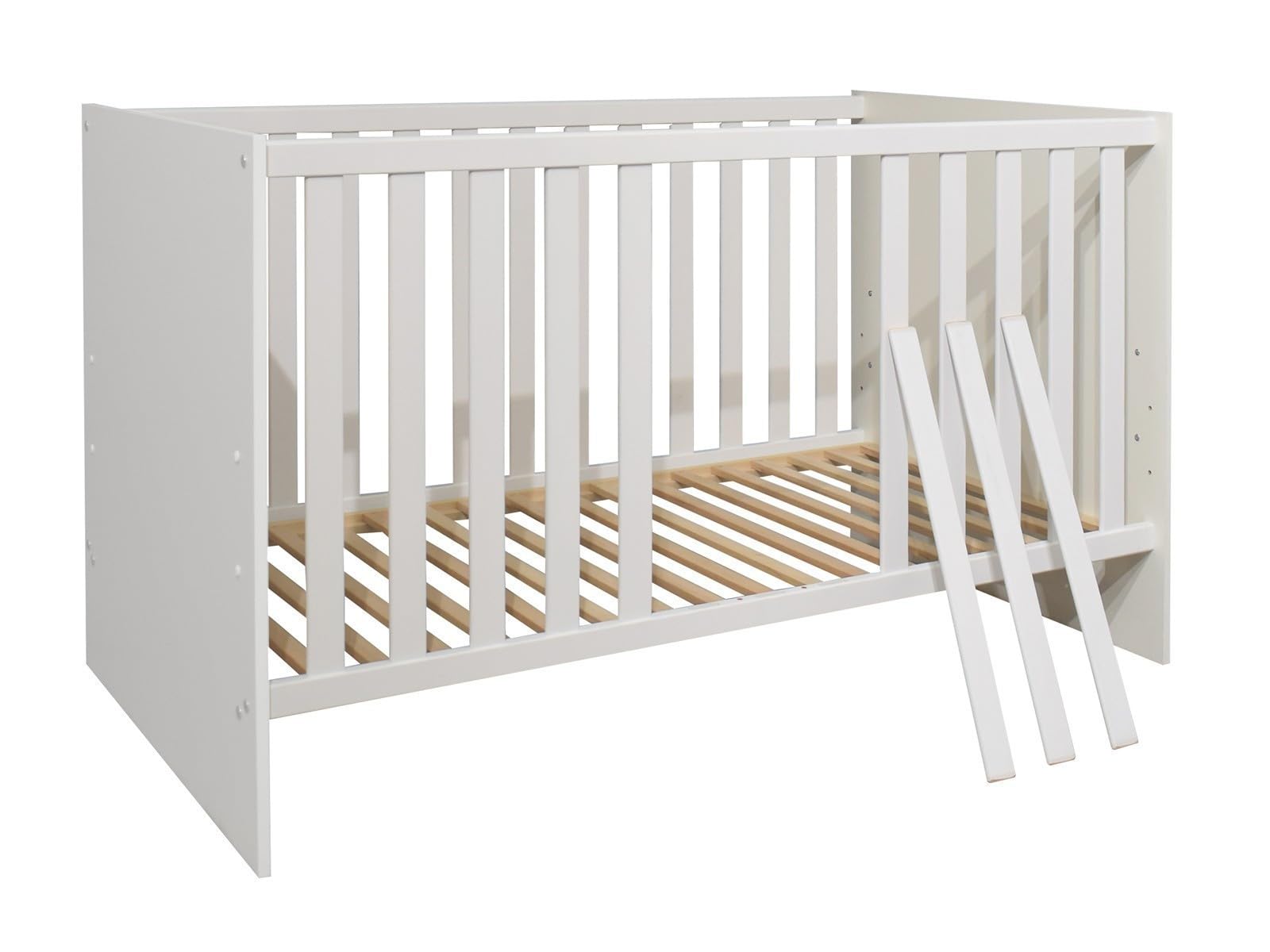 Kinderzimmer Set Sienna, 7-teilig mit Babybett 70x140cm, Wickelkommode, Kleiderschrank, Wandregal, aus Holzwerkstoff, Farbe Weiß Matt/Eiche Nelson