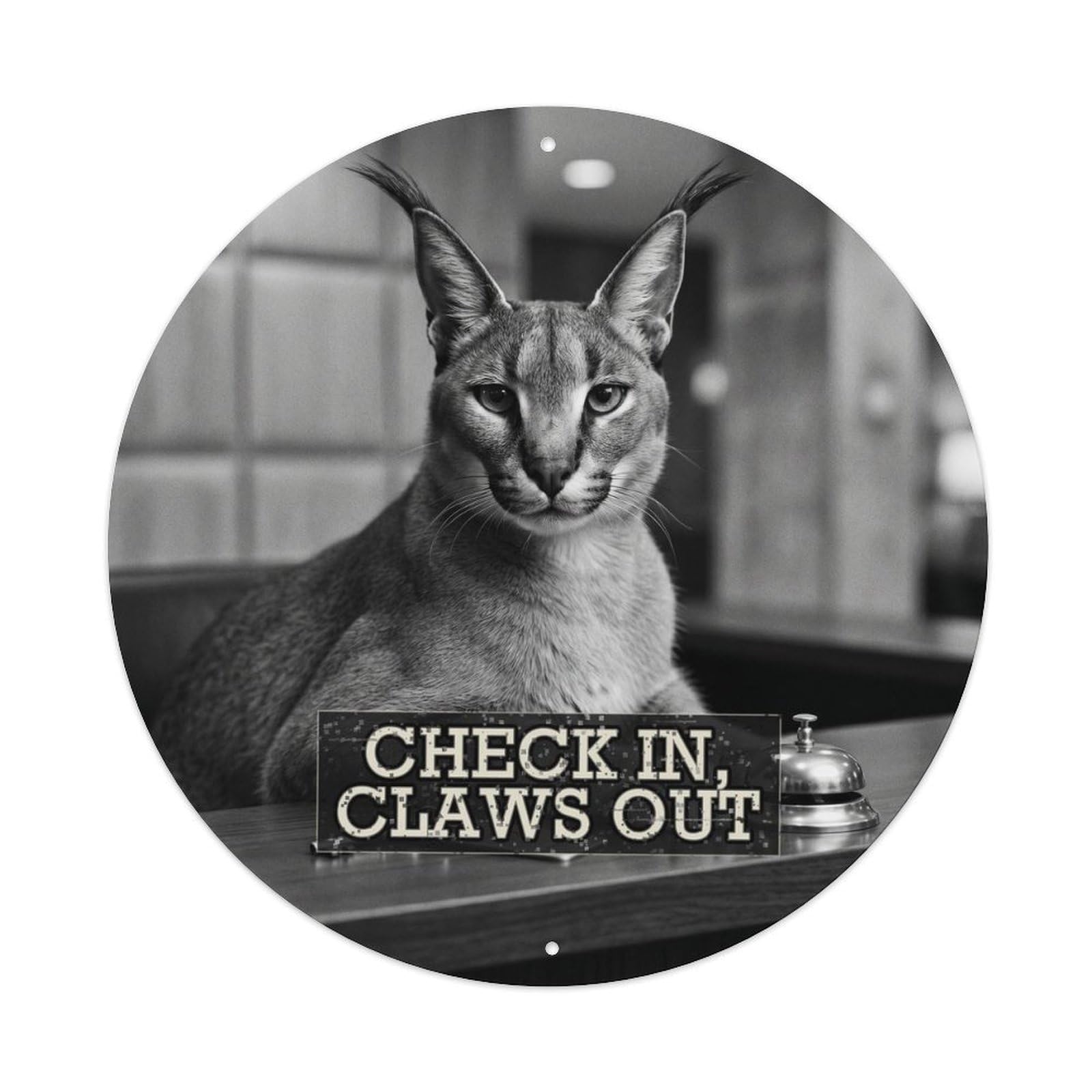 Anthropomorphic Animal Caracal Hotel Reception Social Satire Metal Tin Sign Plaque Wall Decor for Cafe, Man Cave, Club Bar, Office, Home Garden Round Metal Poster 8x8Inch
