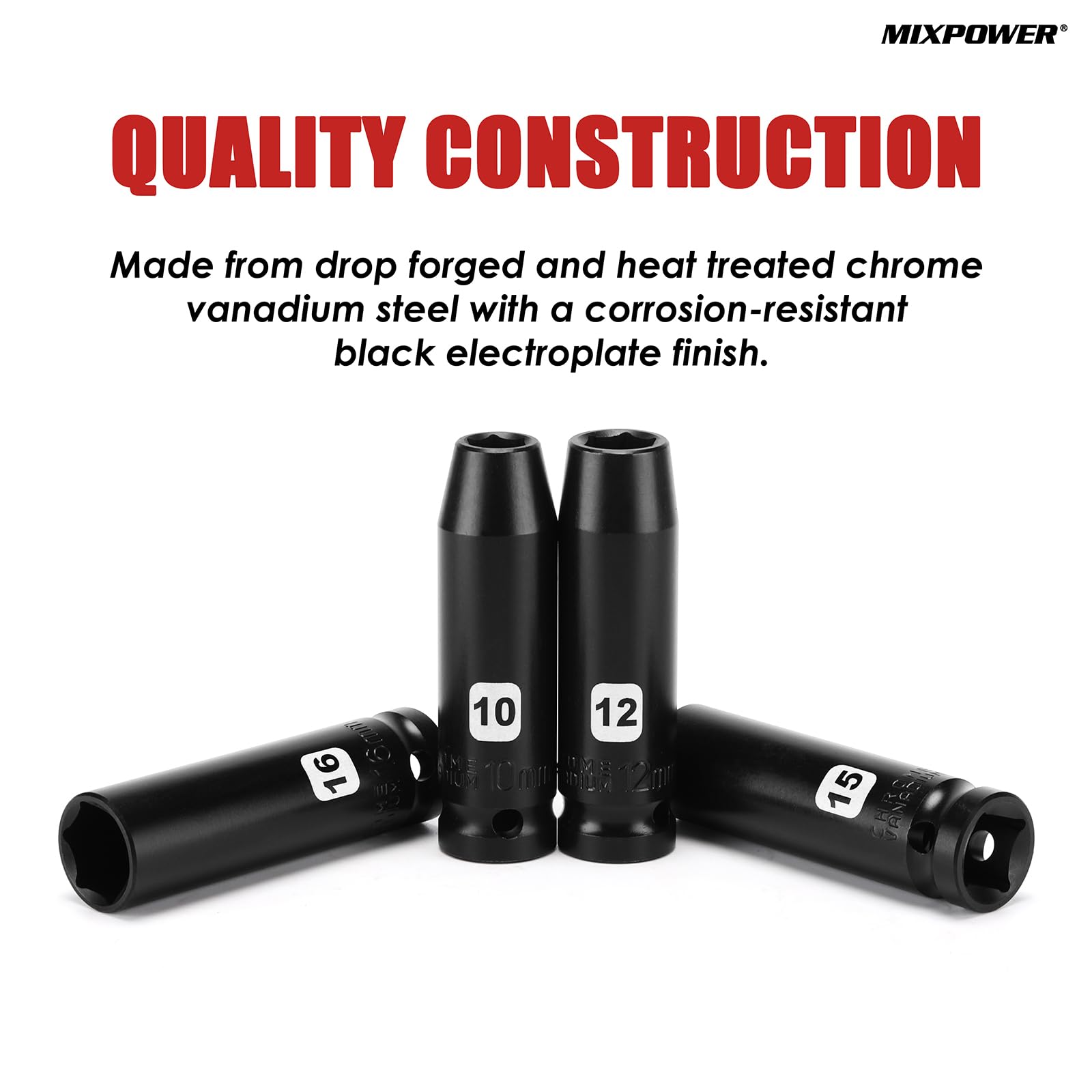MIXPOWER Set di 16 chiavi a bussola a percussione, 1/2", profonde, da 10 mm a 32 mm, metriche, a 6 punte, CR-V