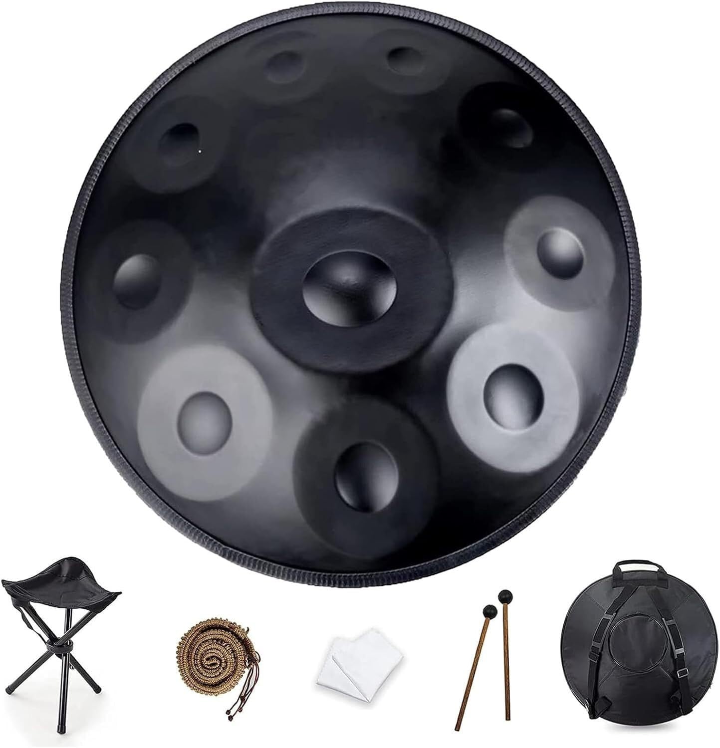 Handpan Drum 9 10 12 Notes 22 Pouces En Ré Mineur 432 Hz, Tambour À Main En Acier Avec Sac À Main Souple, 2 Maillets De Handpan, Support De Handpan (Color : Black, Size : 10 Notes)