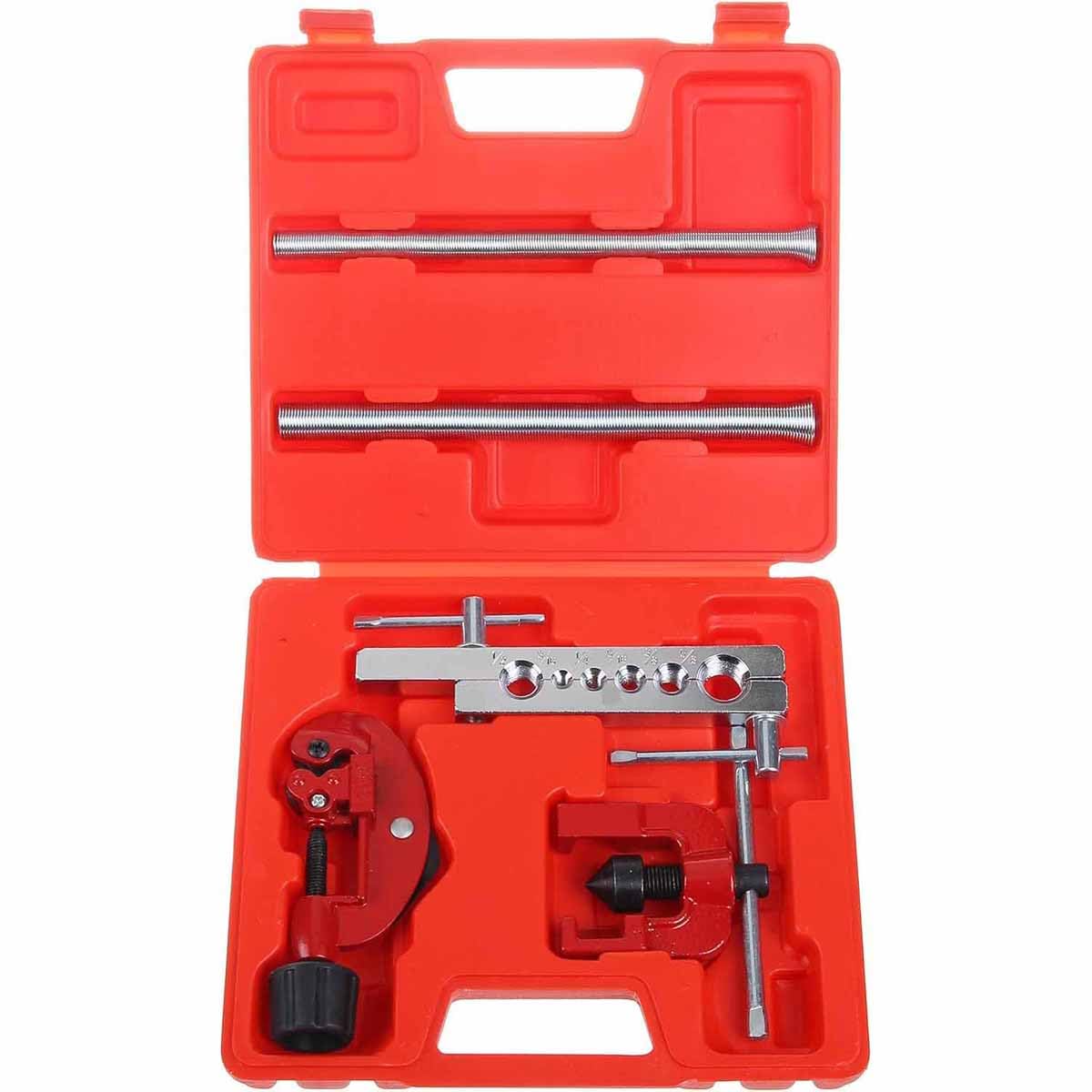 UPTODATETOOLS Flaring Tool Set (7 Piece - Professional Grade) Heavy Duty Brake Line Flaring Tool Kit and Swage Tool, Flare Tool with Tubing Straightener or Cutter (Not a Double Brake Flaring Tool)