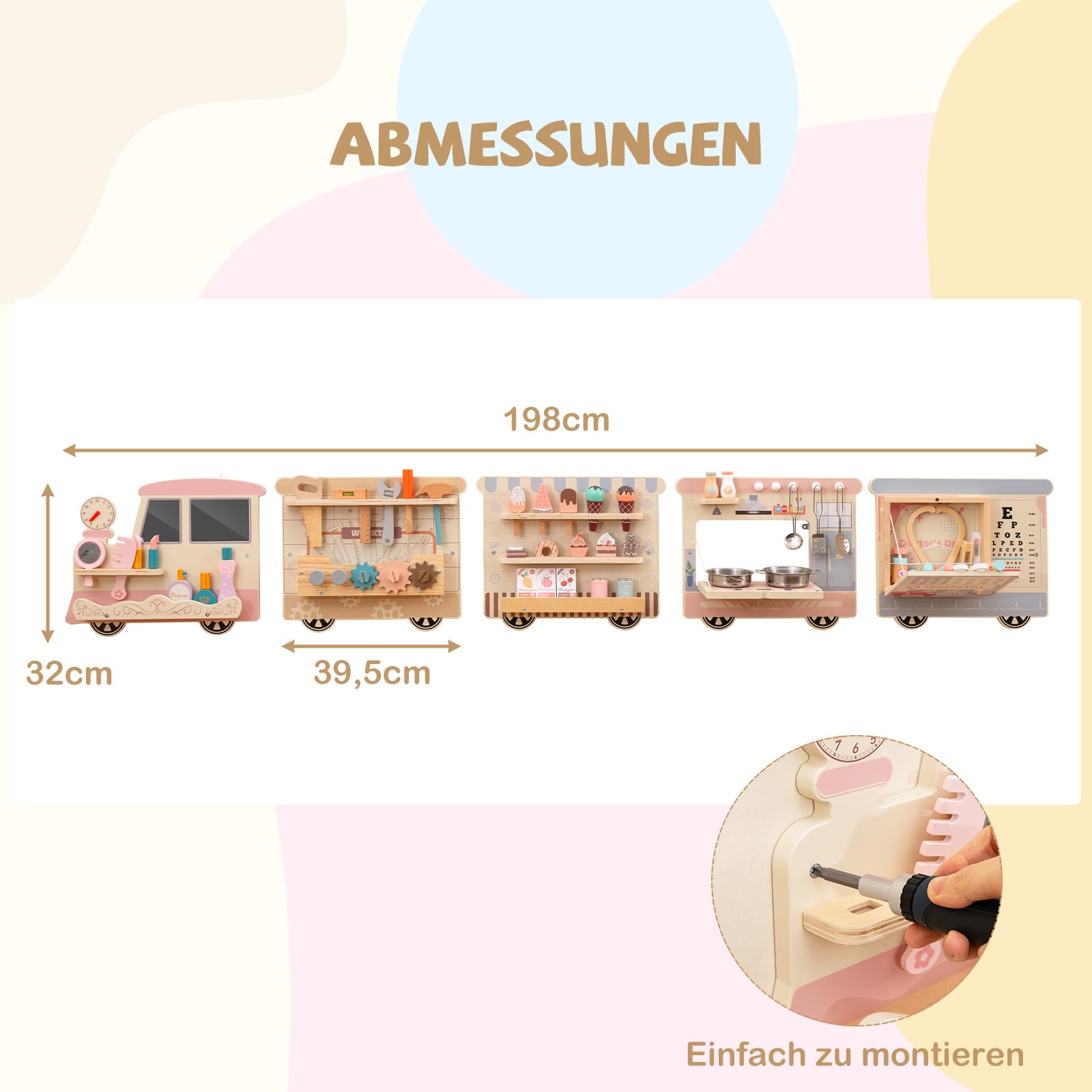 COSTWAY Montessori Motorikbrett, 5-in-1 Busy Board mit Schminkset, Werkzeugkasten, Spielküche, Arztset & Eisdiele, Sensorik Motorikbrett Holz, Montessori Spielzeug für Kinder ab 1 Jahr