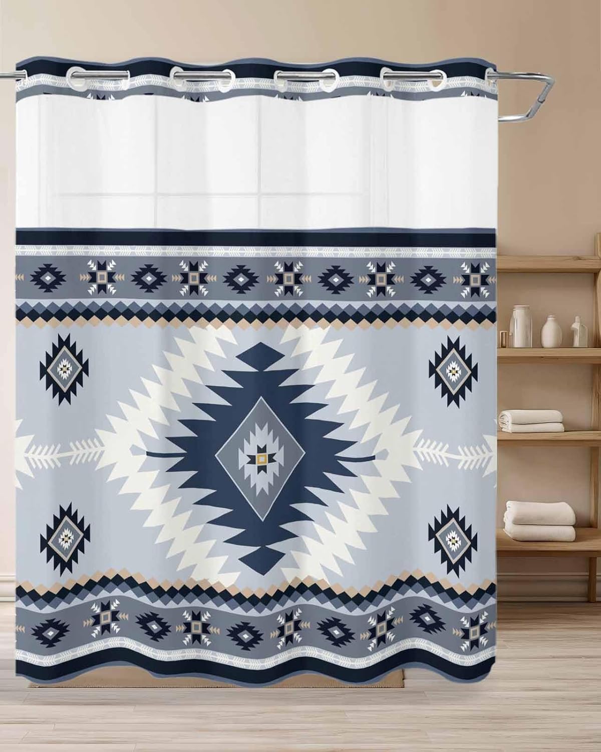 T&H XHome Aztec Shower Curtain, No Hook Shower Curtain with Snap in Liner, Bohemian Ethnic Style Haze Blue Shower Curtains for Bathroom with See Through Top Window, Waterproof & Washable, 72x72 Inch