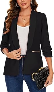 Kyzoeyou Womens Open Front Blazer with Zipper Pockets Suit Jacket 3/4 Ruched Sleeve Blazers Casual Cardigan Outerwear