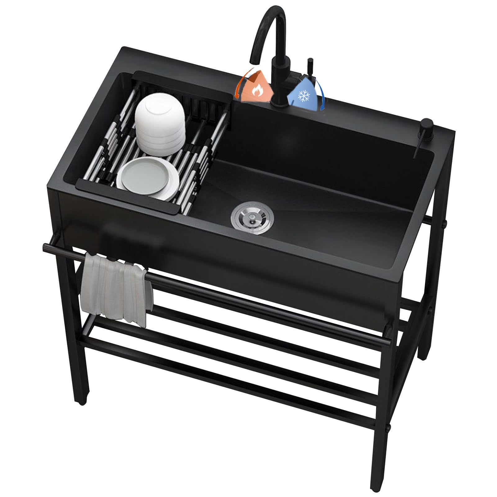 WIQUYBML Outdoor Utility Sink, Stainless Steel Free Standing Single Bowl Kitchen Sink with Hot and Cold Water Storage Shelf