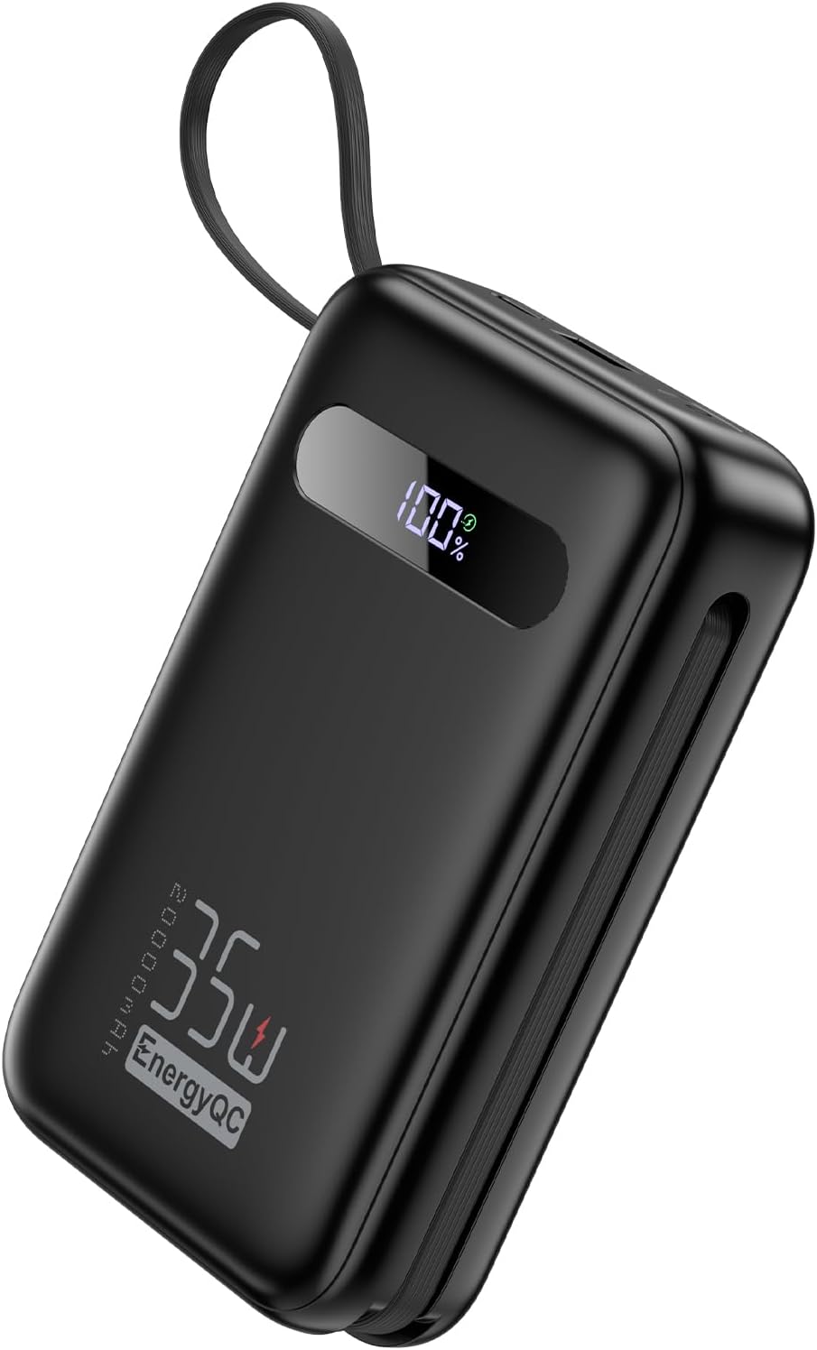 EnergyQC 20000mAh Portable Charger, 35W PD 3.0+QC 4.0 Fast Charging Power Bank with Built-in Lightning & USB-C in&Out Cables, Travel Battery Pack for iPhone 17/16/15/14, Samsung, iPad, Android, Black