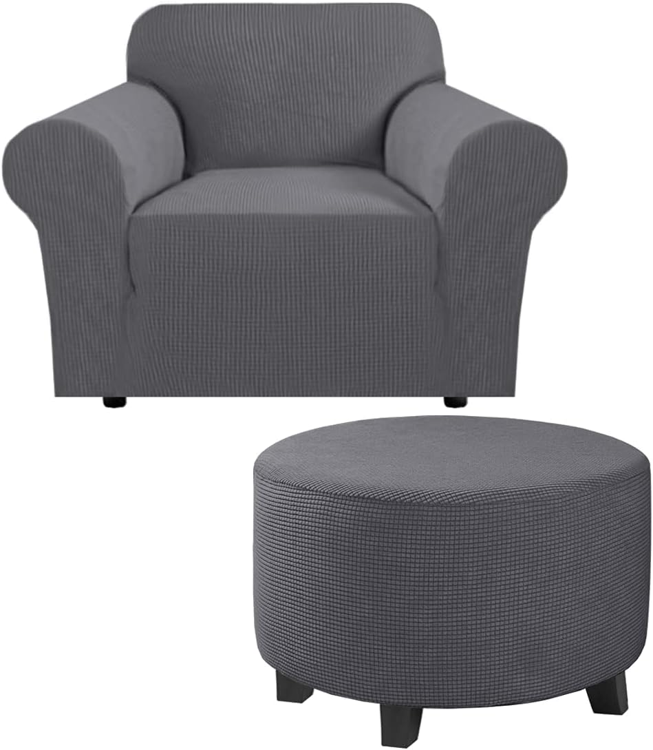 H.VERSAILTEX 1 Piece Sofa Cover for Armchair 32"-48" Bundle Round Ottoman Slipcover(Medium, Gray)