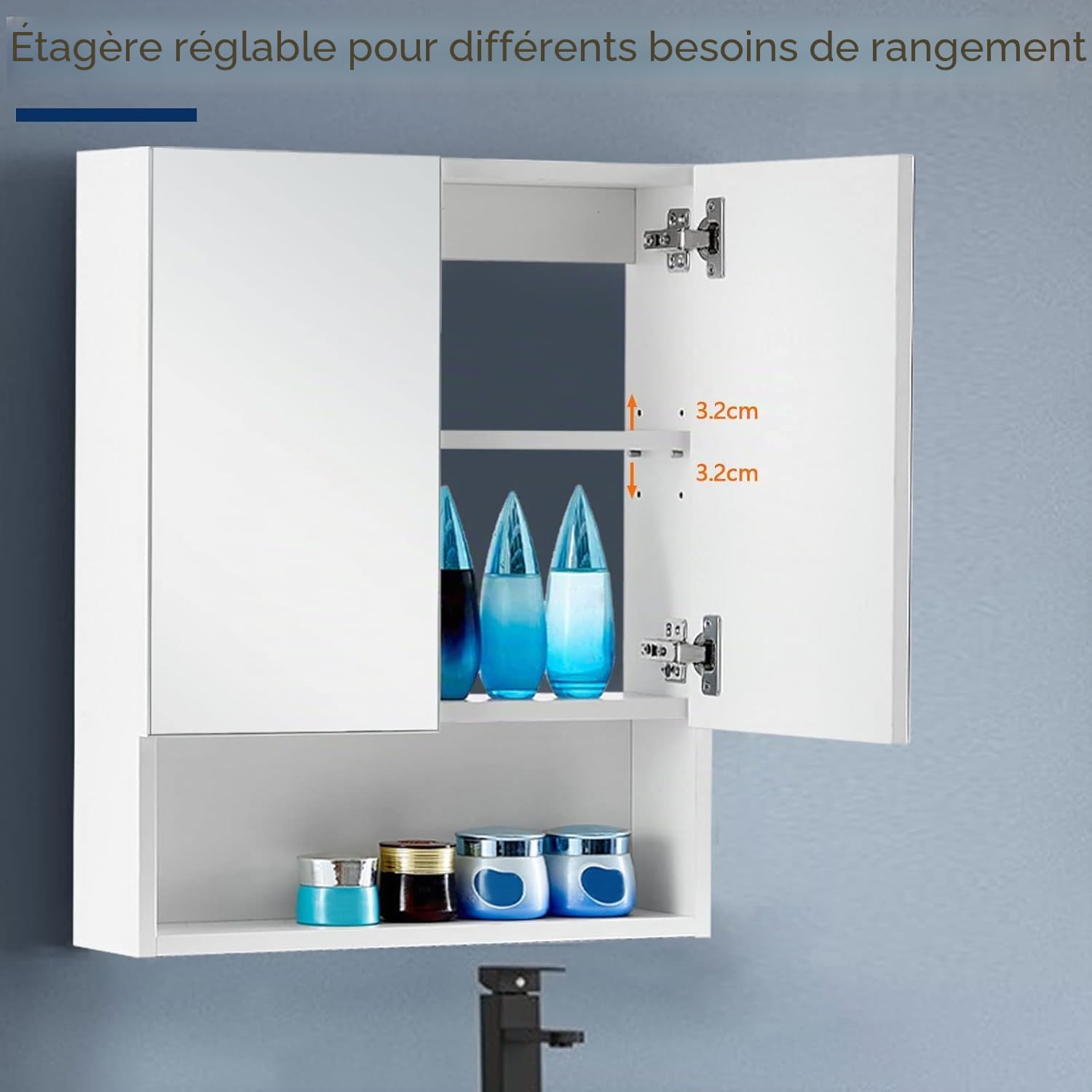 LEMROE Armoire de Salle de Bain Avec Miroir et 2 Portes - Rangement Avec Étagères Réglables - Murale en MDF (50 x 13 x 60 cm)