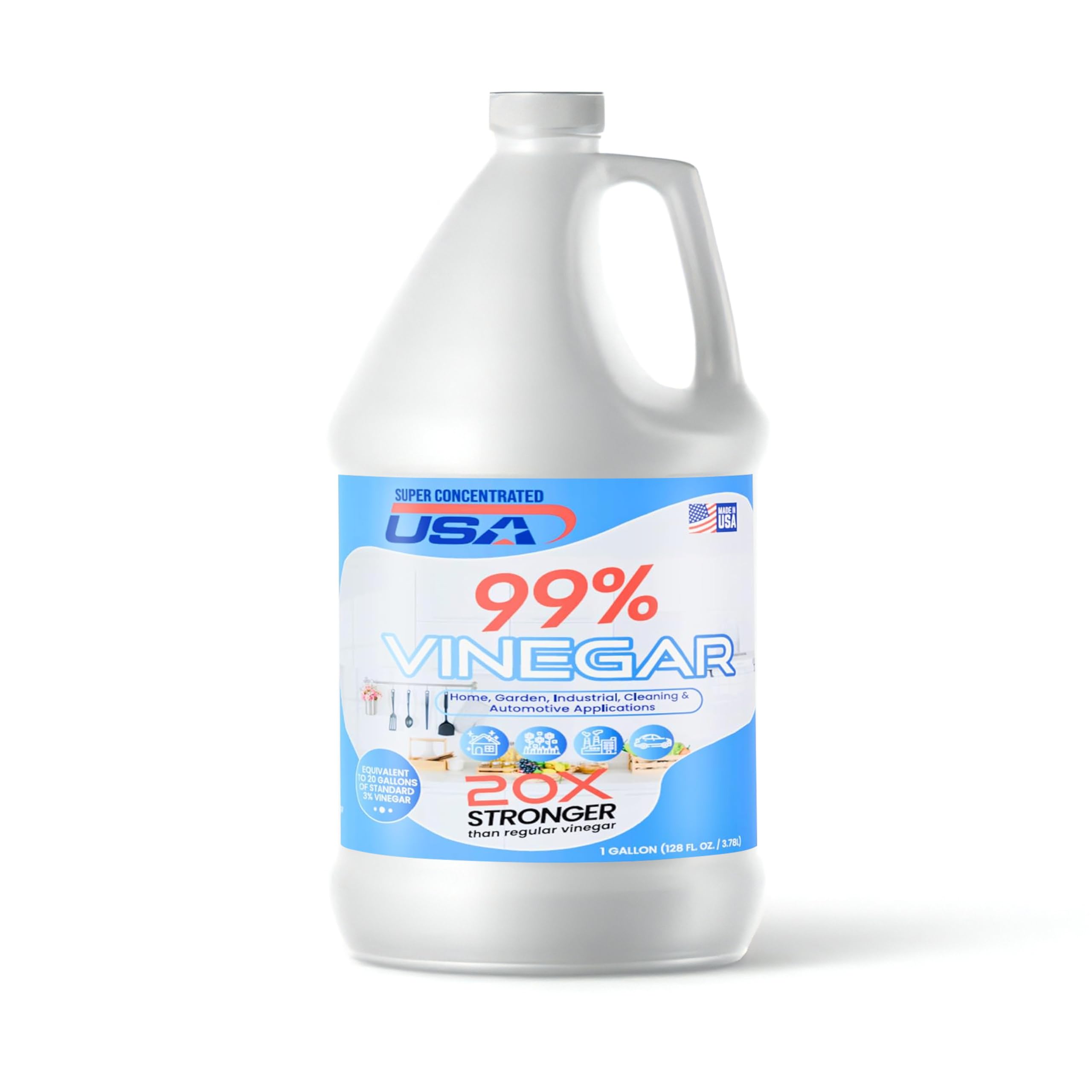 Super Concentrated USA 99% Pure Vinegar - Dilutes to 20 Gallons - 20x Power Industrial Cleaning Vinegar - 1 Gallon Concentrated Cleaner (99% Concentrated)