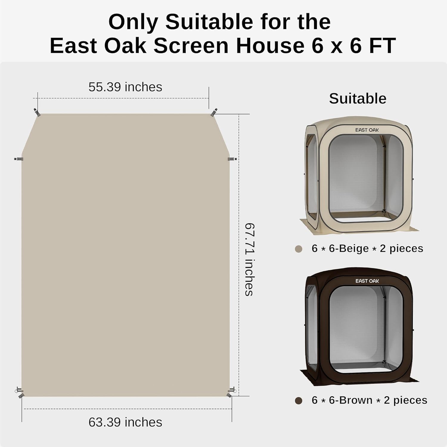East Oak Sun Shade Sail Canopy Cover for East Oak Screen House & Pop-Up Tent 6 x 6 FT, 68" x 63", UPF 50+, Sun Protection, 210D Oxford Silver-Coated Fabric, Pack of 2 (Not Include Tent)