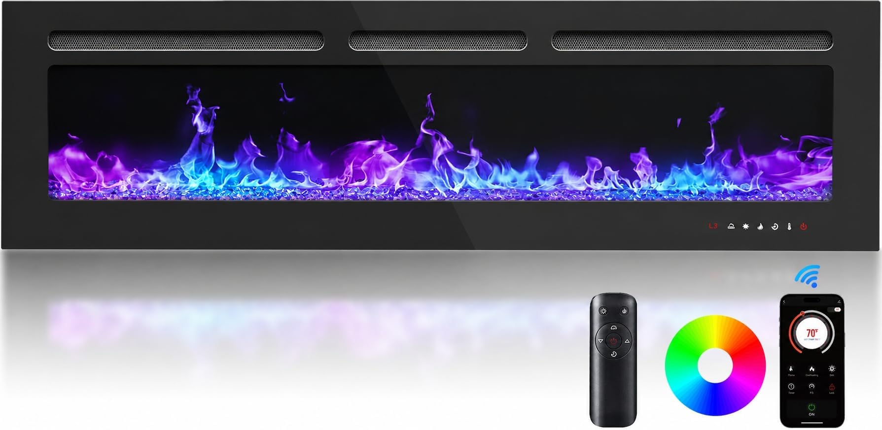 Silonn 50″Smart Electric Fireplace Heater with App & Remote Control, 4777 BTU Heat Output, Ultra-Slim Wall-Mounted or Recessed Electric Fireplace Inserts with Timer, 20 Flame Colors,WiFi Enabled