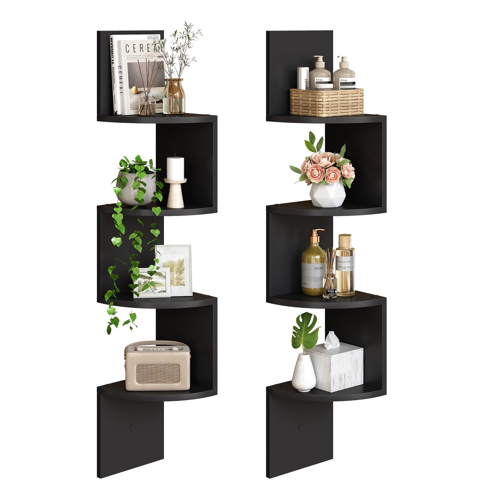 HOOBROCorner Shelf Wall-Mounted, Set of 2 Floating Corner Shelves for Wall, 4-Tier Corner Bookshelves for Living Room, Bedroom, Bathroom, Home Office, Black BK25BJP201