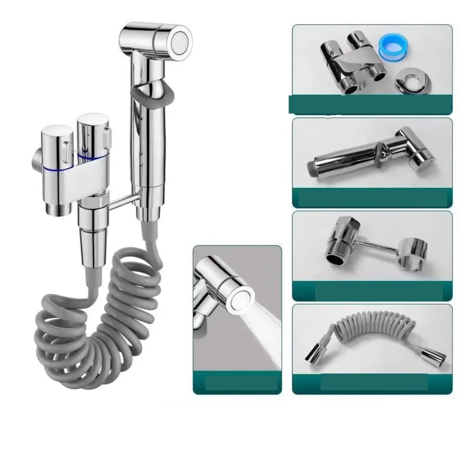 Alcachofa de ducha higiénica para baño, inodoro, válvula de ángulo de doble salida plateada, accesorios esenciales para una experiencia limpia y refrescante