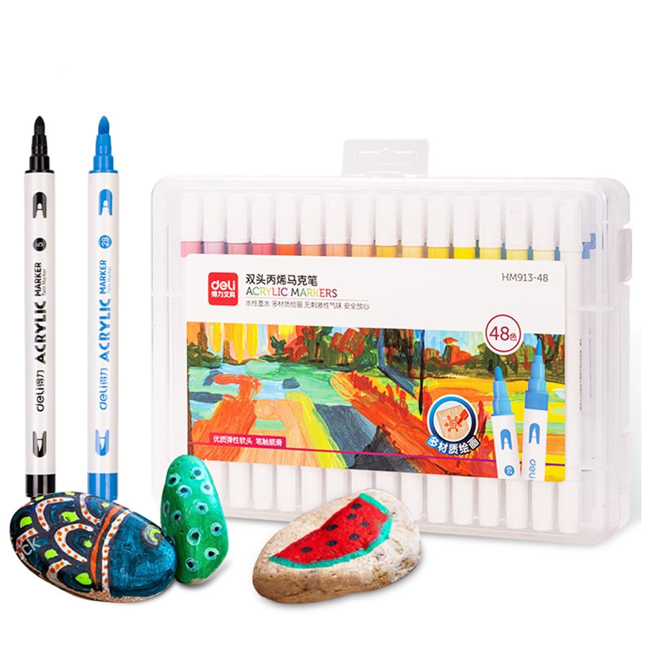 deli Paint Markers Dual Tip Quick Drying Acrylic Marker Pens for Kids Paint Pens Paint Markers for Wood Rock Plastic Canvas-48 Colors