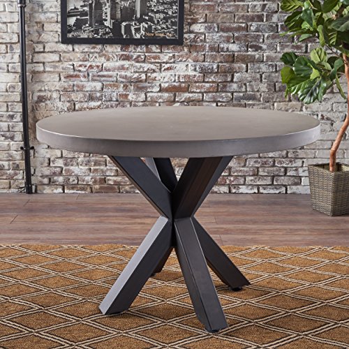 Christopher Knight Home Teague Light Weight Concrete Circular Dining Table With Iron Cross Pedestal Base, White / Black #TOP1