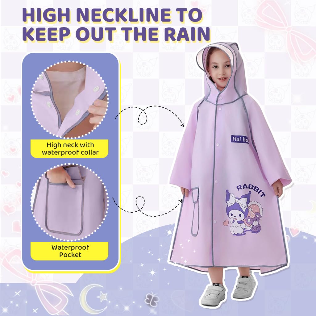 PATPAT® Rain Poncho for Girls Kids Rain Coat EVA Coat Knee-length with Transparent Wide Brim Hat & Pocket Button-Up High Collar Cartoon Kuromi for School,Camping,L 1