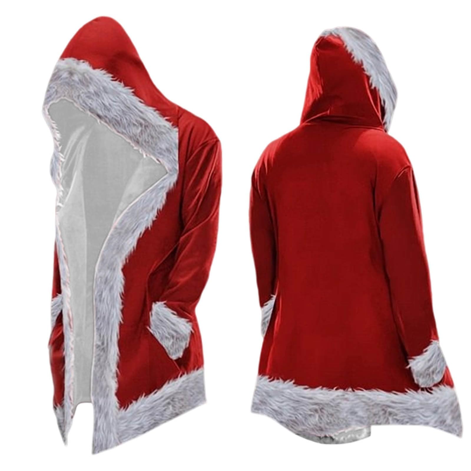 Christmas Costume for Men Velvet Santa Coat Red Hooded Cape Evening Dress Santa Jacket Christmas Party Cardigan with Plush Lining