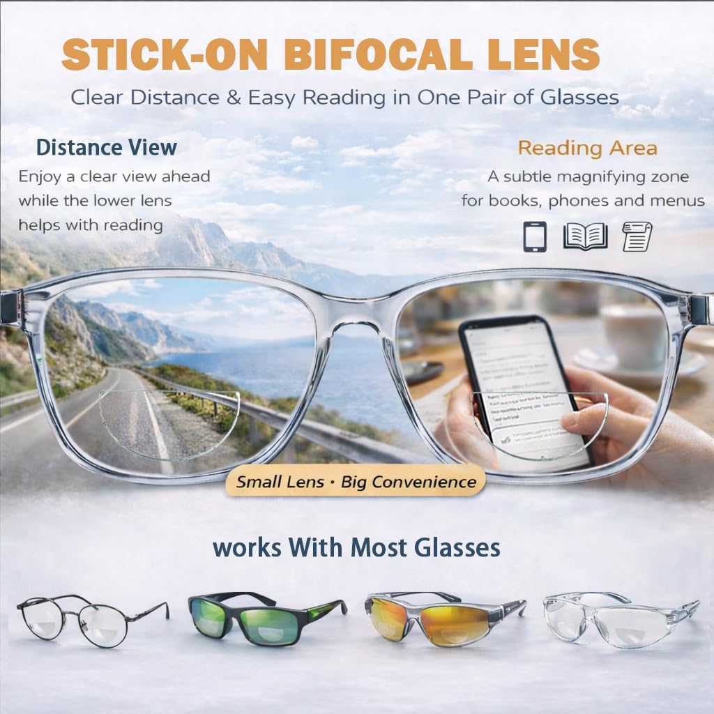 Stick On Bifocals for Sunglasses and Safety Glasses, Repositionable, No Water Bifocal Inserts