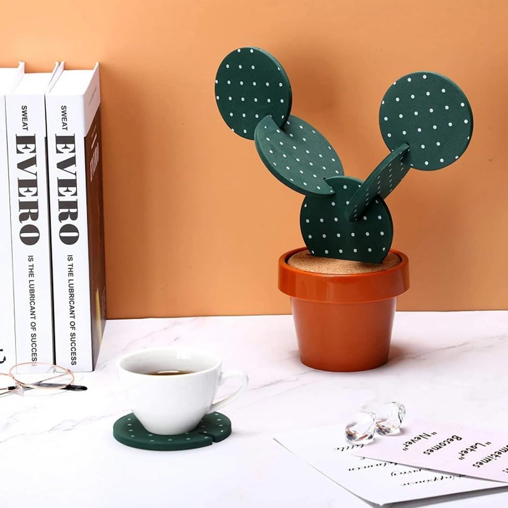 Sottobicchieri Divertenti, novità Cactus con sottobicchieri portavaso, Set di 6 Pezzi dal Design Creativo a Forma di Cactus per l'Arredamento di casa e Ufficio (Verde con Punto)