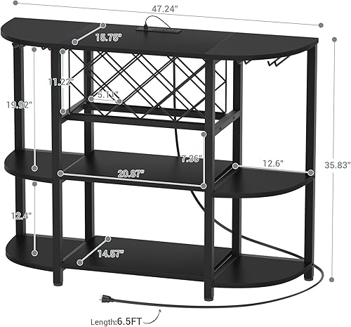Miniatura 3 de Unikito Armario de barra de café de metal de 4 niveles con salida y luz LED, mesa de barra independiente para licor con soporte para vidrio y